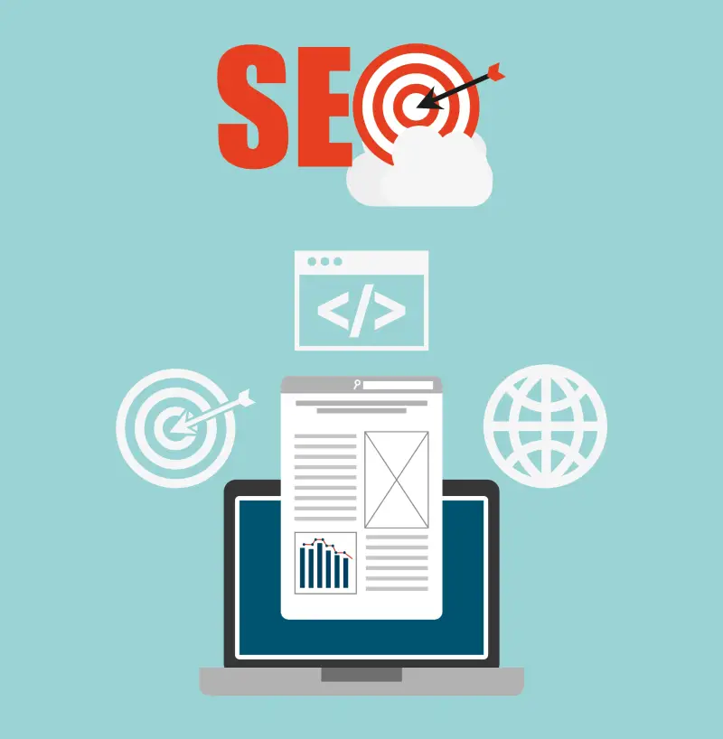Migrinfo - Conception de site internet et optimisation SEO Illustration d’un ordinateur avec des éléments de conception web, SEO et code