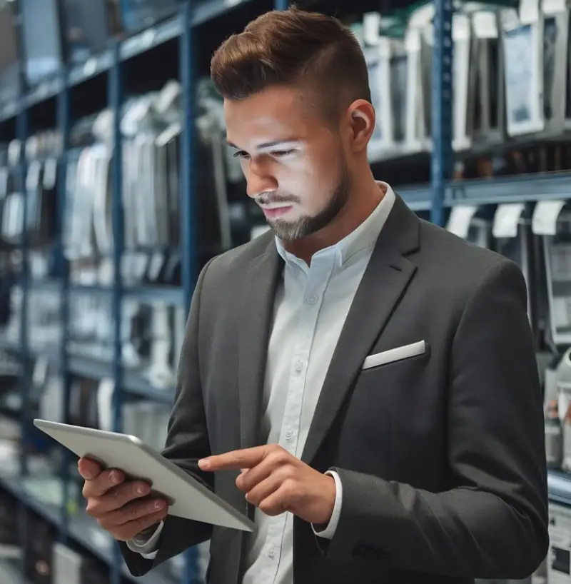Migrinfo - Conseils pour choisir le bon matériel informatique Homme avec du matériel informatique en arrière-plan pour conseiller les clients