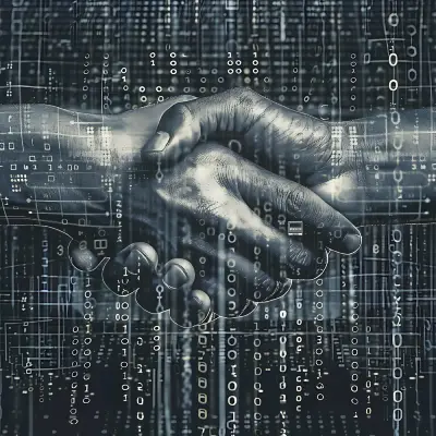 Migrinfo - Fiabilité et sécurité pour vos données Poignée de main numérique avec des chiffres binaires représentant la sécurité des données