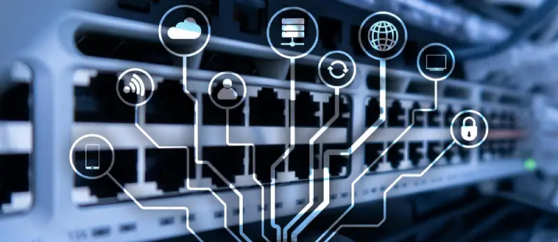 Migrinfo - Une infrastructure solide pour vos systèmes et réseaux Switch réseau avec schéma des branchements possibles : téléphone, wifi, cloud, utilisateurs, internet, sécurité, data