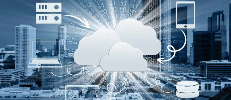 Migrinfo - Vos données, votre capital le plus précieux Illustration du cloud connecté à une tablette, un ordinateur et des serveurs représentant la sauvegarde informatique
