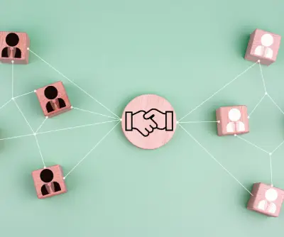 Migrinfo - Un accompagnement continu pour nos clients Illustration d’une poignée de main reliée à plusieurs clients
